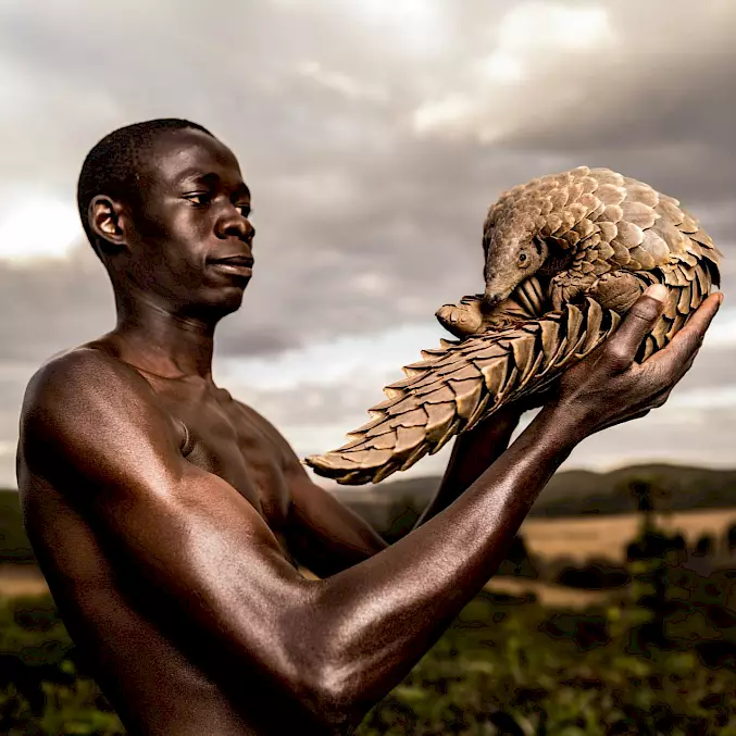 Grosses Bild: «Schuppentier-Mann», der sich der Rettung und Pflege dieser hilflosen Tiere verschrieben hat.  Tikki Hywood Foundation, Simbabwe (2016) © Adrian Steirn